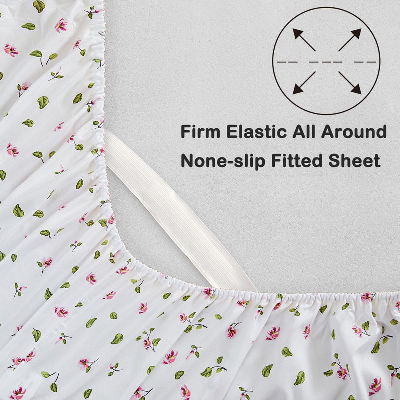 Mooreeke King Sheets Set - 4 Pieces Soft Breathable Polyester Bed Sheet Set - Pink Flower Green Leaf Pattern Sheet Set - Deep Pocket Non-Slip Floral Printed Fitted Sheet Included for All Season - Image 5
