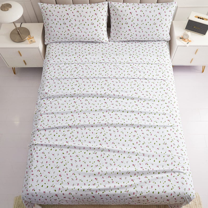 Mooreeke King Sheets Set - 4 Pieces Soft Breathable Polyester Bed Sheet Set - Pink Flower Green Leaf Pattern Sheet Set - Deep Pocket Non-Slip Floral Printed Fitted Sheet Included for All Season - Image 2