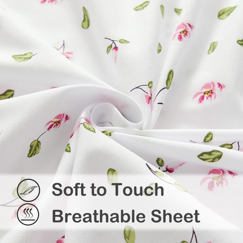 Mooreeke King Sheets Set - 4 Pieces Soft Breathable Polyester Bed Sheet Set - Pink Flower Green Leaf Pattern Sheet Set - Deep Pocket Non-Slip Floral Printed Fitted Sheet Included for All Season - Image 3