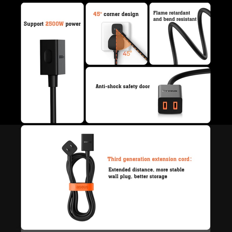 Baseus Power Strip with 45-Degree Bevel Multi-Port Chargers - 1mm² Extension Cord Flame Retardant Travel Power Strip for Home Office - Image 3