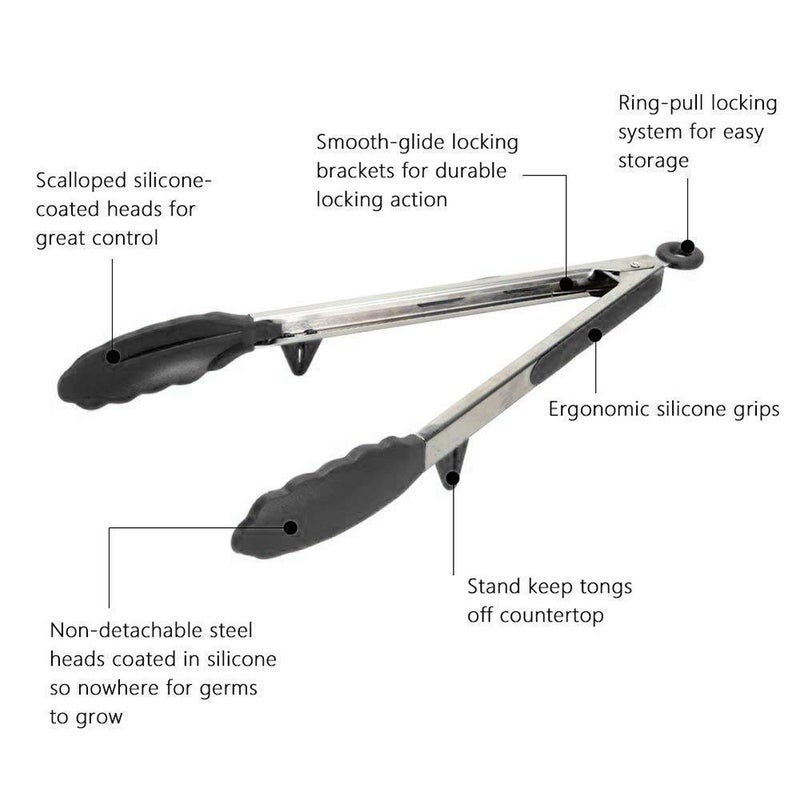Baskety Tongs NonStick Stainless Steel Silicone Kitchen Food Cooking Tongs 12 Inch Black - Image 3