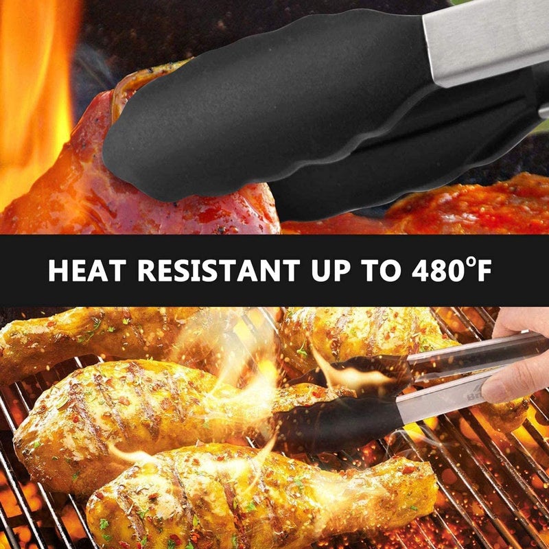 Baskety Tongs NonStick Stainless Steel Silicone Kitchen Food Cooking Tongs 12 Inch Black - Image 5