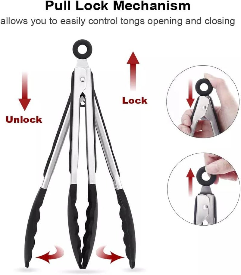 Baskety Tongs NonStick Stainless Steel Silicone Kitchen Food Cooking Tongs 12 Inch Black - Image 4