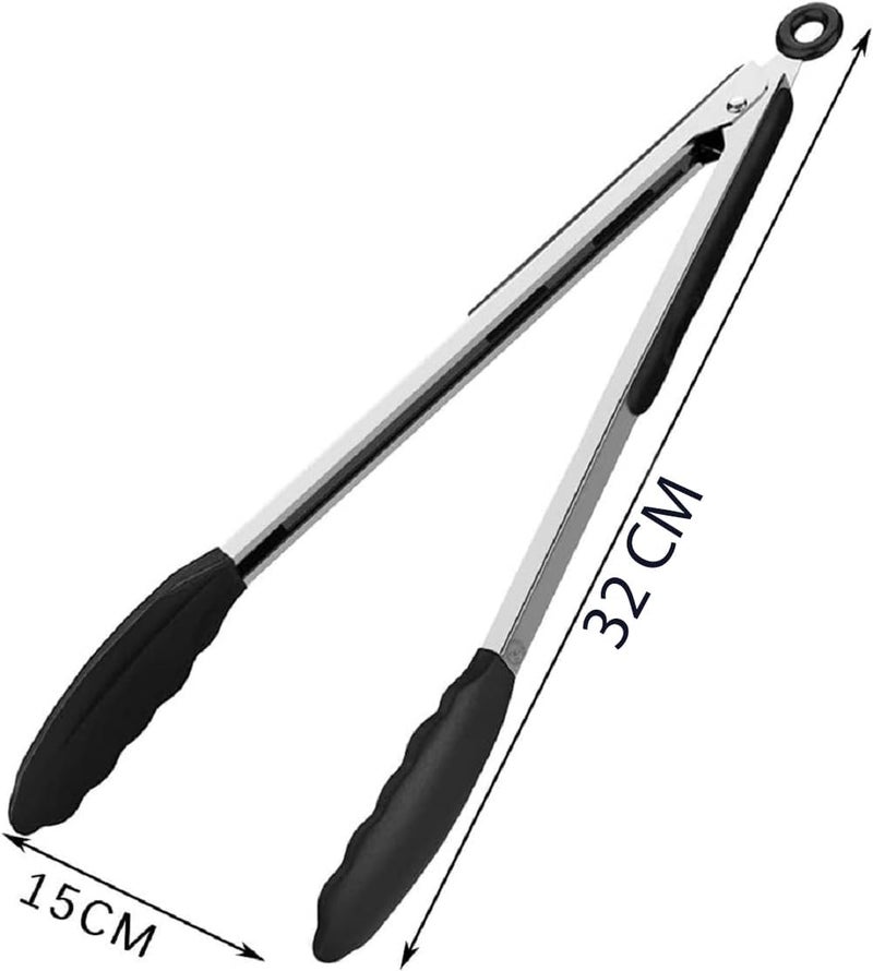 Baskety Tongs NonStick Stainless Steel Silicone Kitchen Food Cooking Tongs 12 Inch Black - Image 2