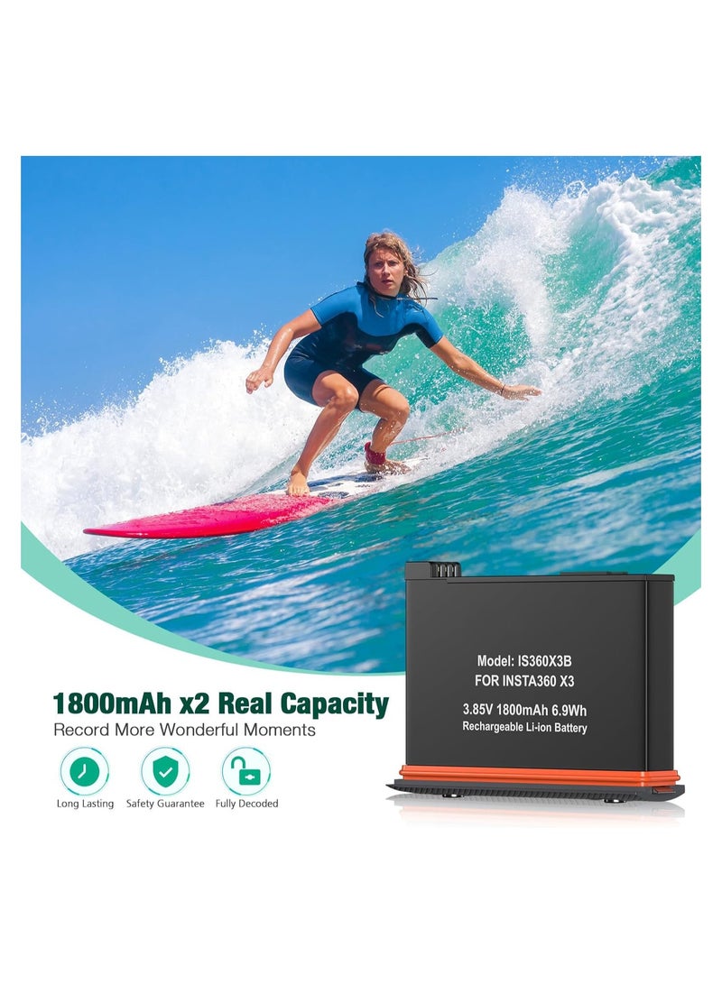 2 Packs Replacement for Insta 360 x3 Battery 1800mAh and Dual Slot USB Fast Charger Hub Compatible with Insta360 X3 Action Camera High Capacity Electric Core (Fully Compatible with Original)  - Image 2