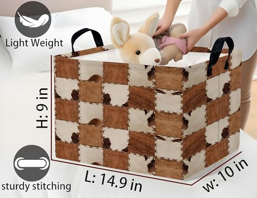 BOOHIT Checkered Kids Toy Basket Collapse Storage Bin with Handles Canvas Cow Fur Print Home DecorBrown White - Image 3