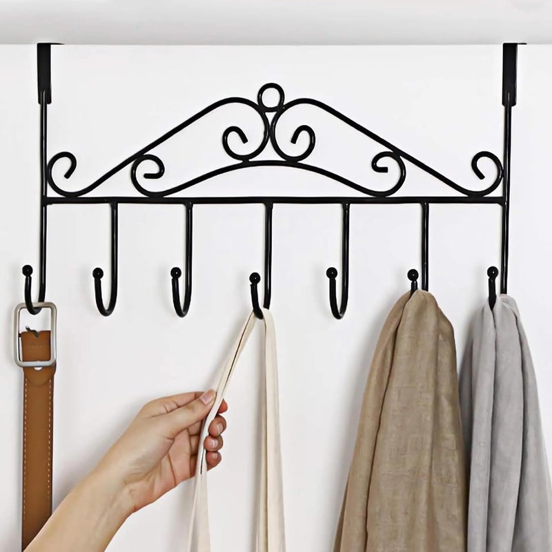 7 Hooks Black Metal Hanging Storage Over The Door HooksStainless Steel Closet Hanger Rack Organizer for CoatsHatsRobesPursesScarvesClothesJacketsBeltTowelHome Office Cabinet Gift Use - Image 1