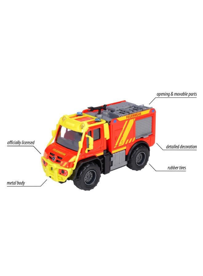 Majorette Unimog U530 Fire Truck, Officially Licensed Mercedes-Benz Fire Engine, 15 cm Diecast Vehicle with Metal Cab, Rubber Tires, Opening Side Compartments, Removable Ladder and Movable Water Nozzle, Ages 3+ - Image 4