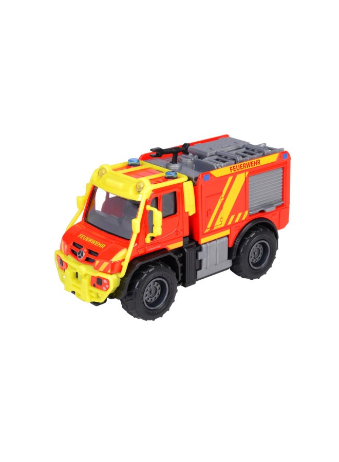 Majorette Unimog U530 Fire Truck, Officially Licensed Mercedes-Benz Fire Engine, 15 cm Diecast Vehicle with Metal Cab, Rubber Tires, Opening Side Compartments, Removable Ladder and Movable Water Nozzle, Ages 3+ - Image 2