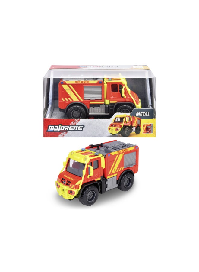 Majorette Unimog U530 Fire Truck, Officially Licensed Mercedes-Benz Fire Engine, 15 cm Diecast Vehicle with Metal Cab, Rubber Tires, Opening Side Compartments, Removable Ladder and Movable Water Nozzle, Ages 3+ - Image 1