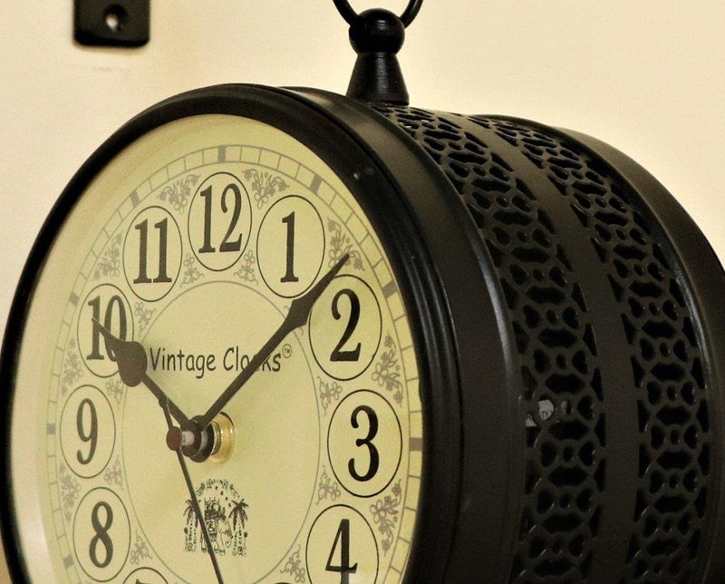 Vintage Clock Iron Handcrafted Double Side Analog Clock With English Numbers 1 Year Warranty (6 Inches Size, Black Finish, Fret Jali Design) - Image 3
