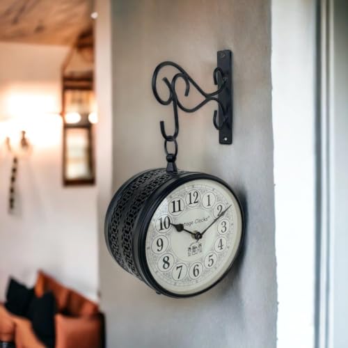 Vintage Clock Iron Handcrafted Double Side Analog Clock With English Numbers 1 Year Warranty (6 Inches Size, Black Finish, Fret Jali Design) - Image 1