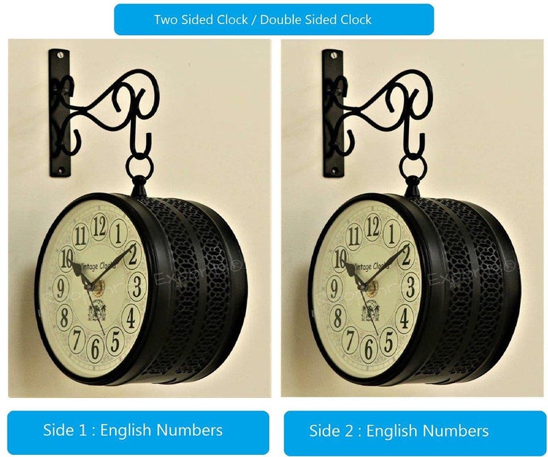 Vintage Clock Iron Handcrafted Double Side Analog Clock With English Numbers 1 Year Warranty (6 Inches Size, Black Finish, Fret Jali Design) - Image 2