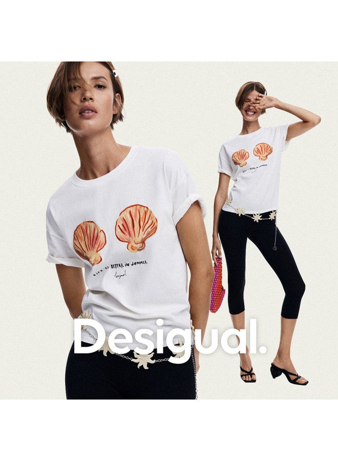 DESIGUAL تي شيرت نسائي بياقة دائرية مع تطريز قواقع بحري مرحة وتطبيقات لفصل الربيع/الصيف 2025 - Image 4