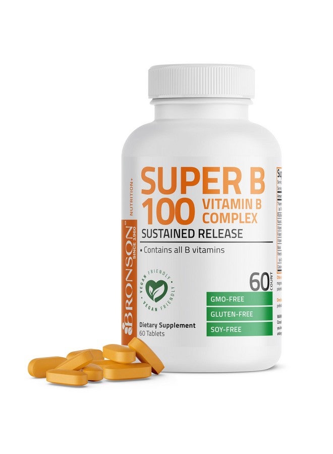 برونسون فيتامين ب 100 مركب عالي الفعالية وممتد المفعول (فيتامينات ب1، ب2، ب3، ب6، ب9 - حمض الفوليك، ب12)، 60 قرصًا - Image 1