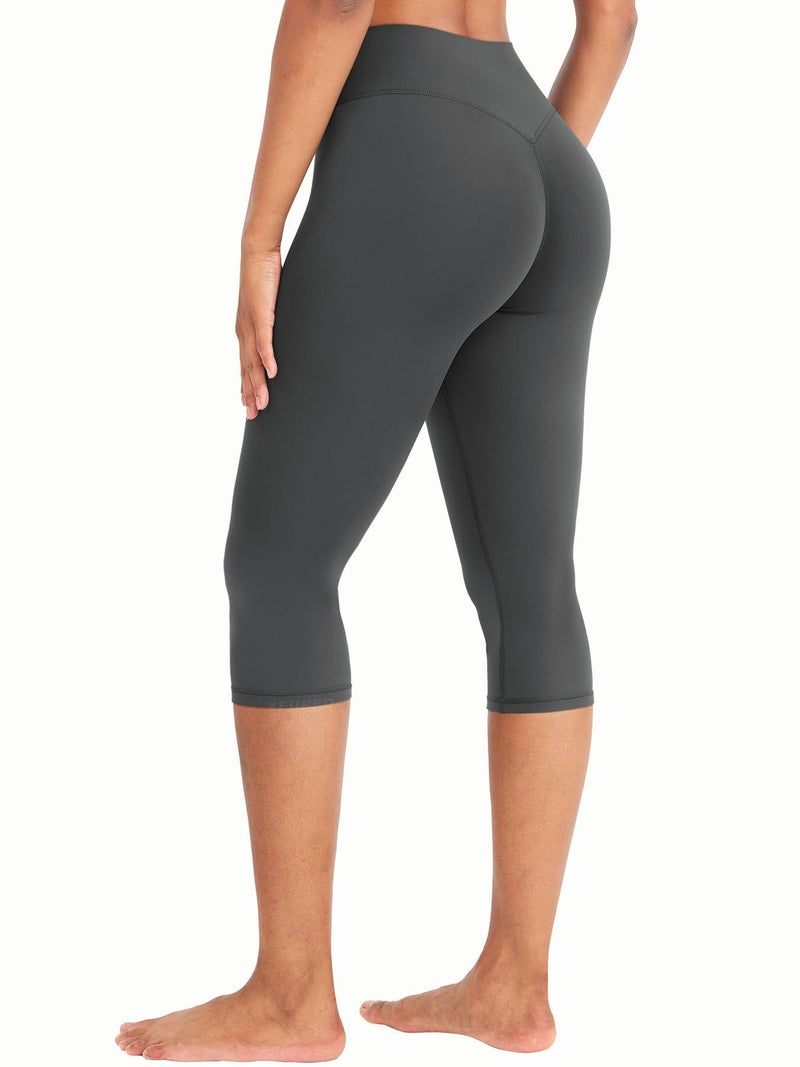 YEOREO Womens Workout Capri Leggings 17" No Front Seam High Waisted Hidden Scrunch Gym Yoga Pants Dark Gray - Image 2