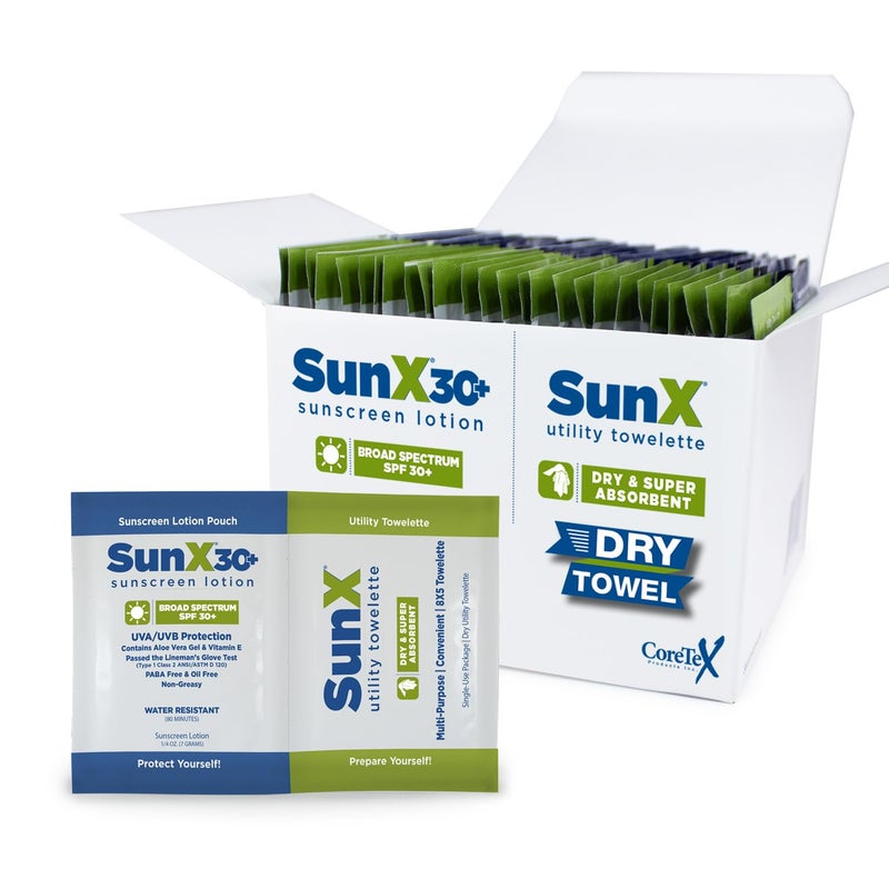 CoreTex Sun X 30+ Broad Spectrum Sunscreen Packets & Dry Towels Duo Kit - Pack of 25 Paraben, Oxybenzone, Octinoxate, & Oil Free Sunscreen - No White Cast and Water & Sweat Resistant Up to 80 Minutes