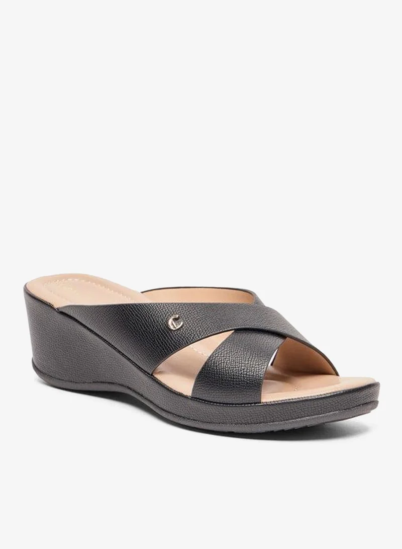 Le Confort BLACK Women Textured Cross Strap Slip-On Sandals with Wedge Heel for Women | Best Price UAE