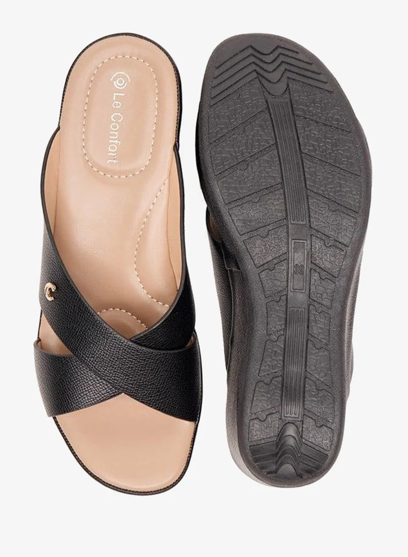 Le Confort BLACK Women Textured Cross Strap Slip-On Sandals with Wedge Heel for Women | Best Price UAE