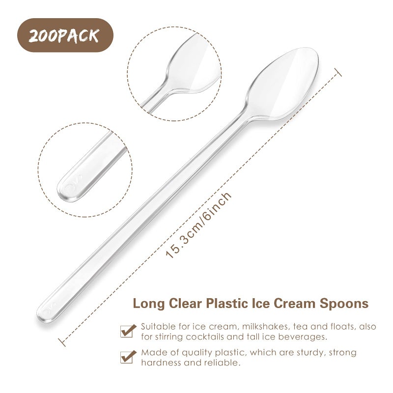 Romooa 200 Pieces Long Clear Plastic Ice Cream Spoons 7.09 Inch Disposable Utensils Sundae Spoons Long Handle Spoon for Ice Cream  Milkshakes  Tea and Floats  Stirring Cocktails and Tall Beverages - Image 2