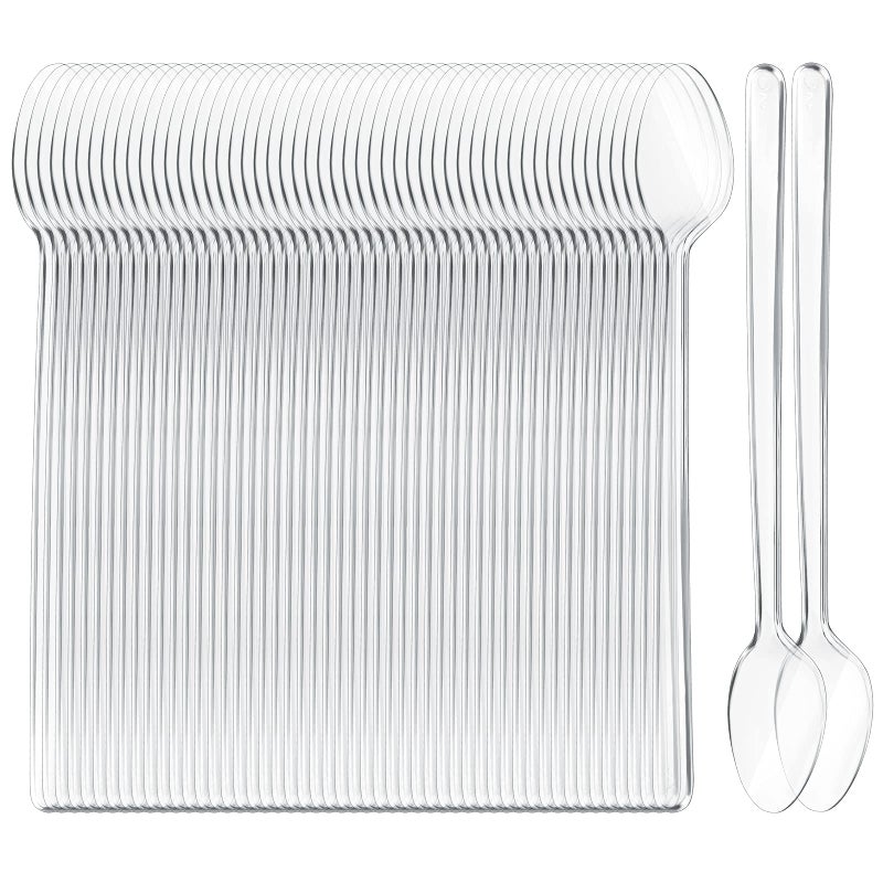 Romooa 200 Pieces Long Clear Plastic Ice Cream Spoons 7.09 Inch Disposable Utensils Sundae Spoons Long Handle Spoon for Ice Cream  Milkshakes  Tea and Floats  Stirring Cocktails and Tall Beverages - Image 1