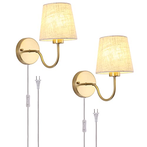 LASENCHOO Plug in Wall Sconces Set of Two, Modern Wall Lamp with Plug in Cord 6.56ft & On/Off Switch with Fabric Lampshade, Gold Sconces Wall Lighting Fixture for Bedroom Bedside Living Room Porch - Image 1