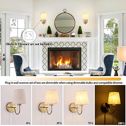 LASENCHOO Plug in Wall Sconces Set of Two, Modern Wall Lamp with Plug in Cord 6.56ft & On/Off Switch with Fabric Lampshade, Gold Sconces Wall Lighting Fixture for Bedroom Bedside Living Room Porch - Image 4
