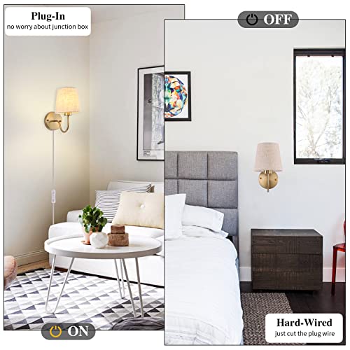 LASENCHOO Plug in Wall Sconces Set of Two, Modern Wall Lamp with Plug in Cord 6.56ft & On/Off Switch with Fabric Lampshade, Gold Sconces Wall Lighting Fixture for Bedroom Bedside Living Room Porch - Image 2