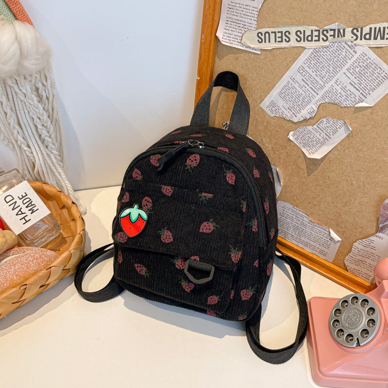 Cross-border Retro Corduroy Backpack Womens 2024 Korean-style Simple Casual Cute Mini Backpack for Going Out Black + strawberry badge