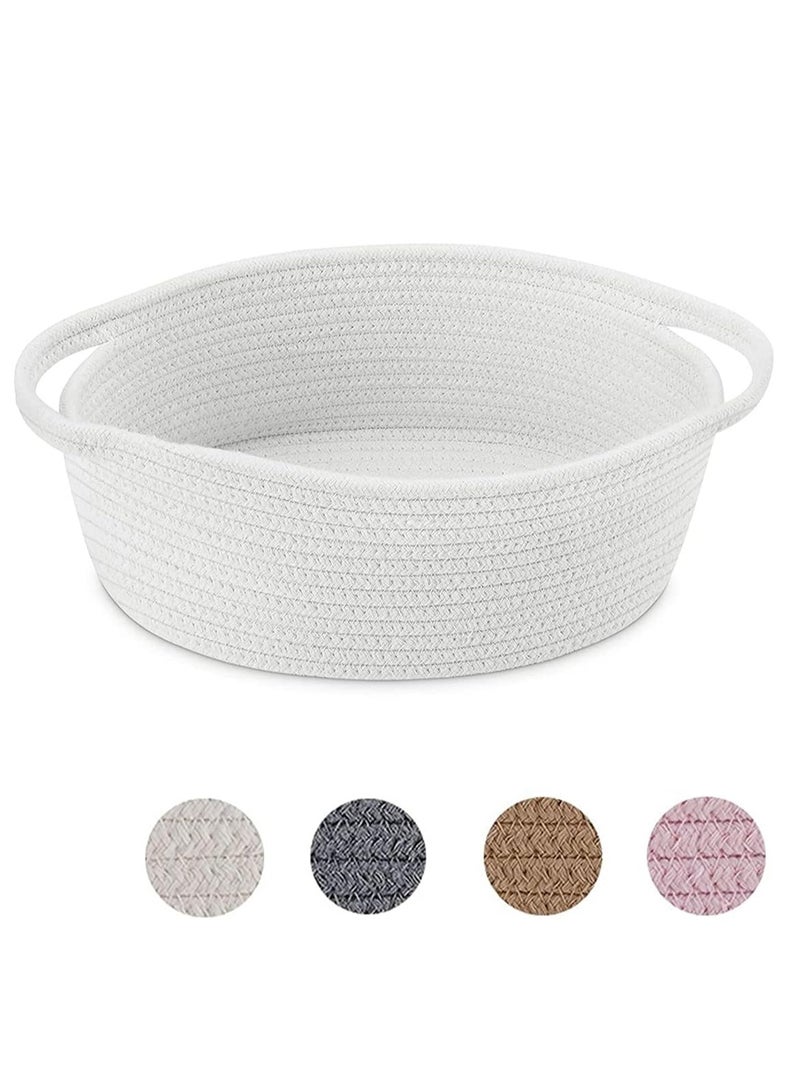 Bukela Small Woven Basket | Cute Cotton Rope Basket | Small Oval Basket | Room Storage Basket | Cat Basket Chest Box Empty Gift Basket with Handles Basket, 12"x 8" x 5" Shelf Storage Basket (White) - Image 1