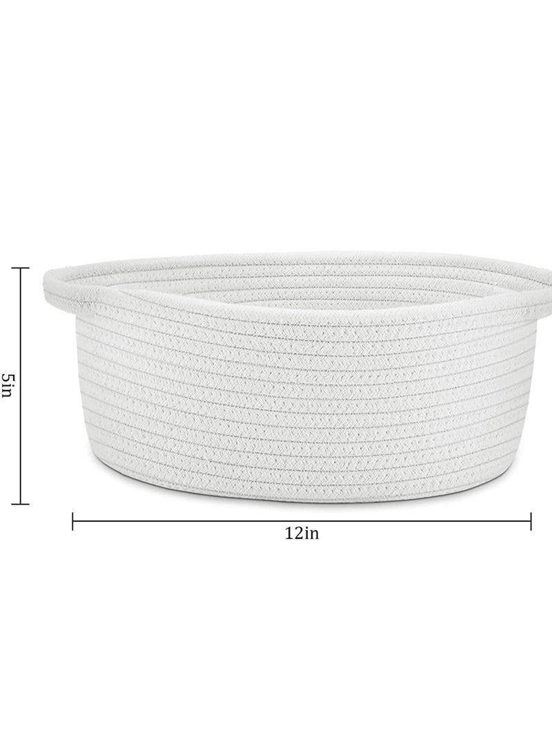 Bukela Small Woven Basket | Cute Cotton Rope Basket | Small Oval Basket | Room Storage Basket | Cat Basket Chest Box Empty Gift Basket with Handles Basket, 12"x 8" x 5" Shelf Storage Basket (White) - Image 2