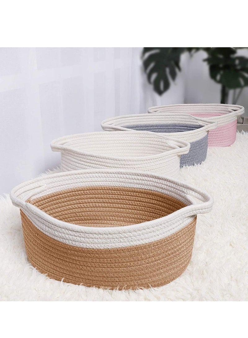 Bukela Small Woven Basket | Cute Cotton Rope Basket | Small Oval Basket | Room Storage Basket | Cat Basket Chest Box Empty Gift Basket with Handles Basket, 12"x 8" x 5" Shelf Storage Basket (White) - Image 3