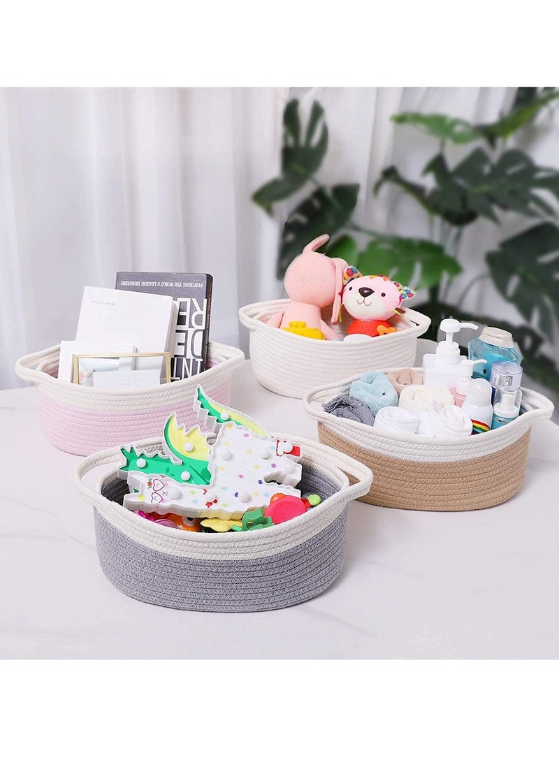 Bukela Small Woven Basket | Cute Cotton Rope Basket | Small Oval Basket | Room Storage Basket | Cat Basket Chest Box Empty Gift Basket with Handles Basket, 12"x 8" x 5" Shelf Storage Basket (White) - Image 4