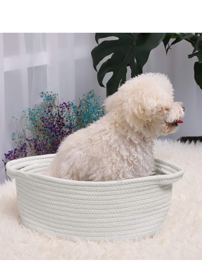 Bukela Small Woven Basket | Cute Cotton Rope Basket | Small Oval Basket | Room Storage Basket | Cat Basket Chest Box Empty Gift Basket with Handles Basket, 12"x 8" x 5" Shelf Storage Basket (White) - Image 5