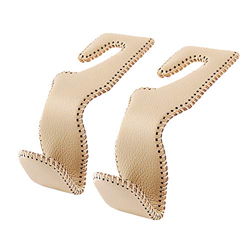 AMVOYOA Headrest Hooks for Purses and Bags, Car Back Seat Headrest Hanger Vehicle Beige Leather Storage Hook, Pack of 2 - Image 1