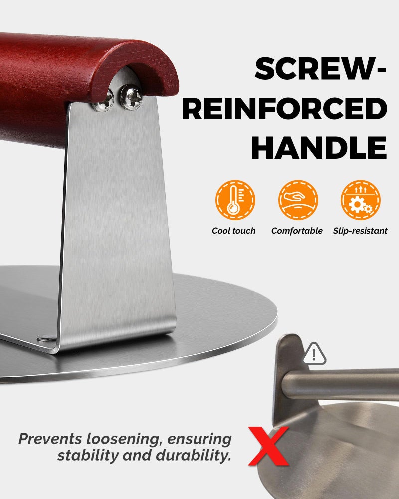 HULISEN 6.2" Stainless Steel Smashed Burger Press with Extra Wide Heat-Resistant Wood Handle, Burger Smasher for Flat Top Griddle, Grill, Skillet, Cast Iron Pan, Hamburger Cooking Accessories - Image 3