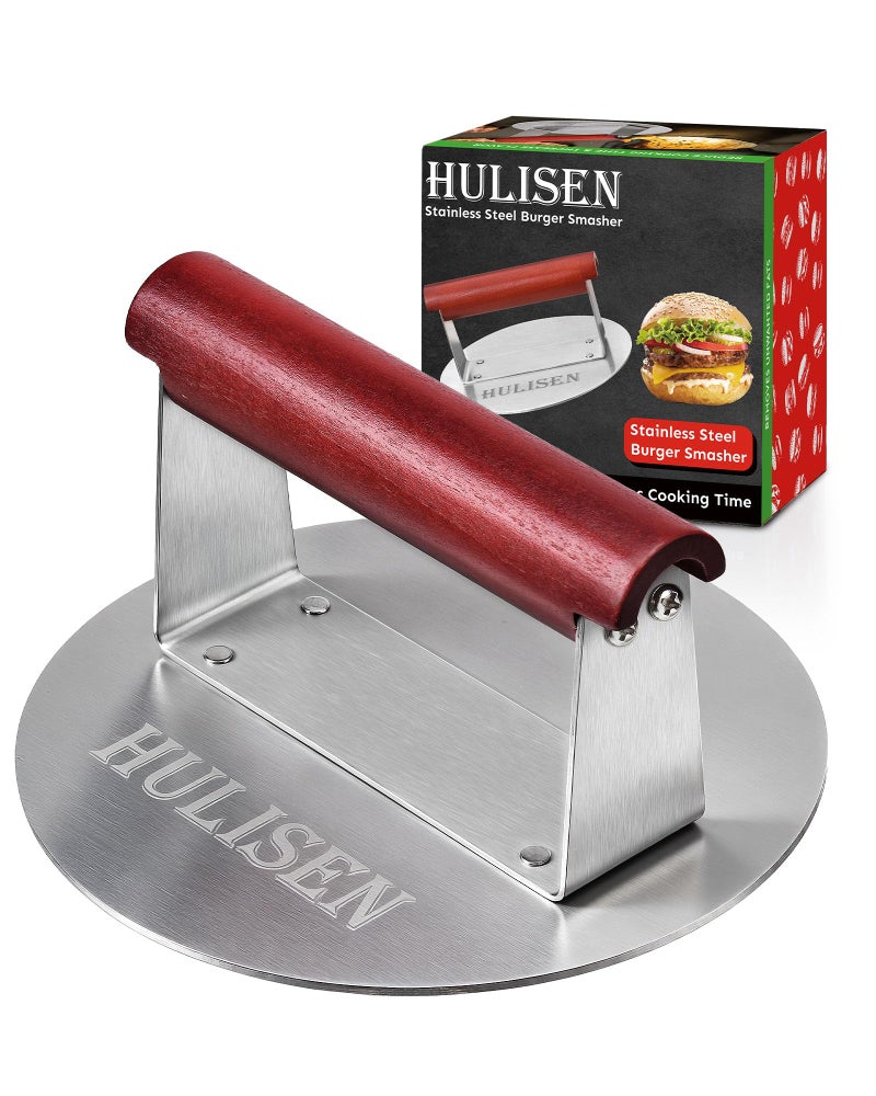 HULISEN 6.2" Stainless Steel Smashed Burger Press with Extra Wide Heat-Resistant Wood Handle, Burger Smasher for Flat Top Griddle, Grill, Skillet, Cast Iron Pan, Hamburger Cooking Accessories - Image 1