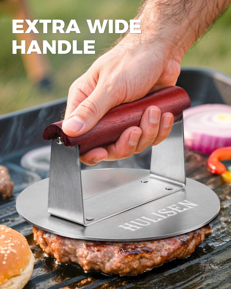 HULISEN 6.2" Stainless Steel Smashed Burger Press with Extra Wide Heat-Resistant Wood Handle, Burger Smasher for Flat Top Griddle, Grill, Skillet, Cast Iron Pan, Hamburger Cooking Accessories - Image 2