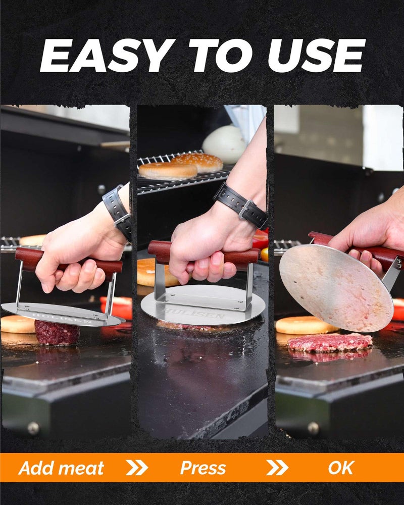 HULISEN 6.2" Stainless Steel Smashed Burger Press with Extra Wide Heat-Resistant Wood Handle, Burger Smasher for Flat Top Griddle, Grill, Skillet, Cast Iron Pan, Hamburger Cooking Accessories - Image 5