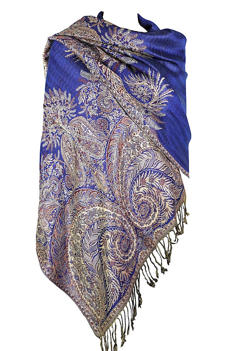 Achillea Luxurious Double Layered Jacquard Big Paisley Pashmina Shawl Wrap Scarf (Royal Blue) - Image 1