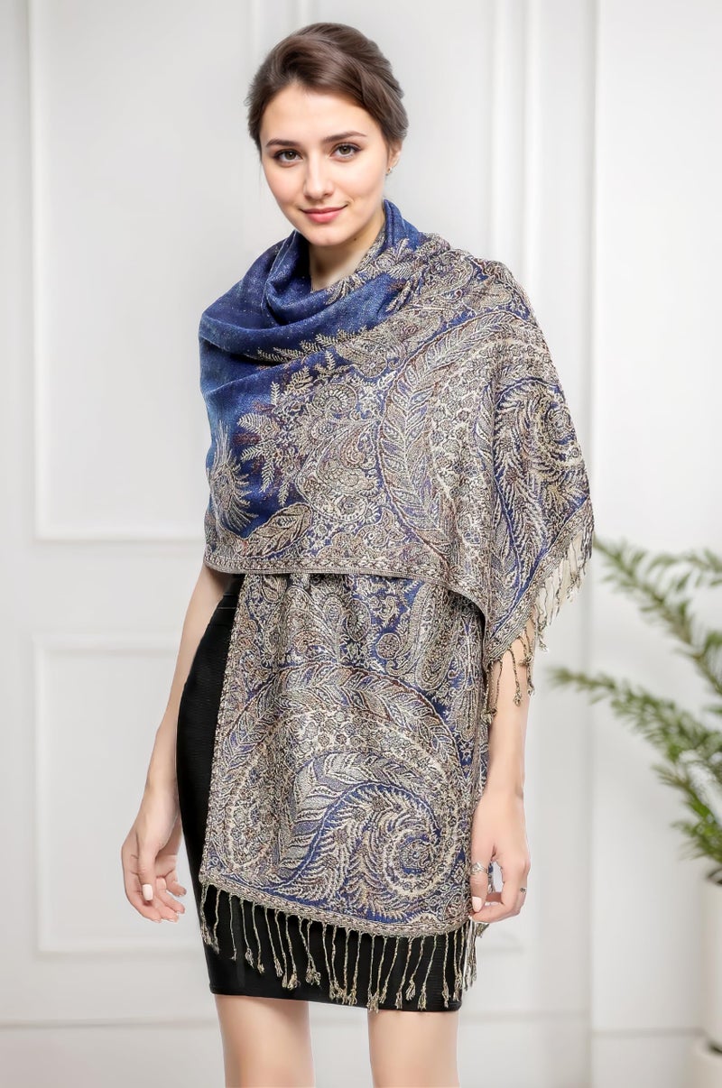 Achillea Luxurious Double Layered Jacquard Big Paisley Pashmina Shawl Wrap Scarf (Royal Blue) - Image 3