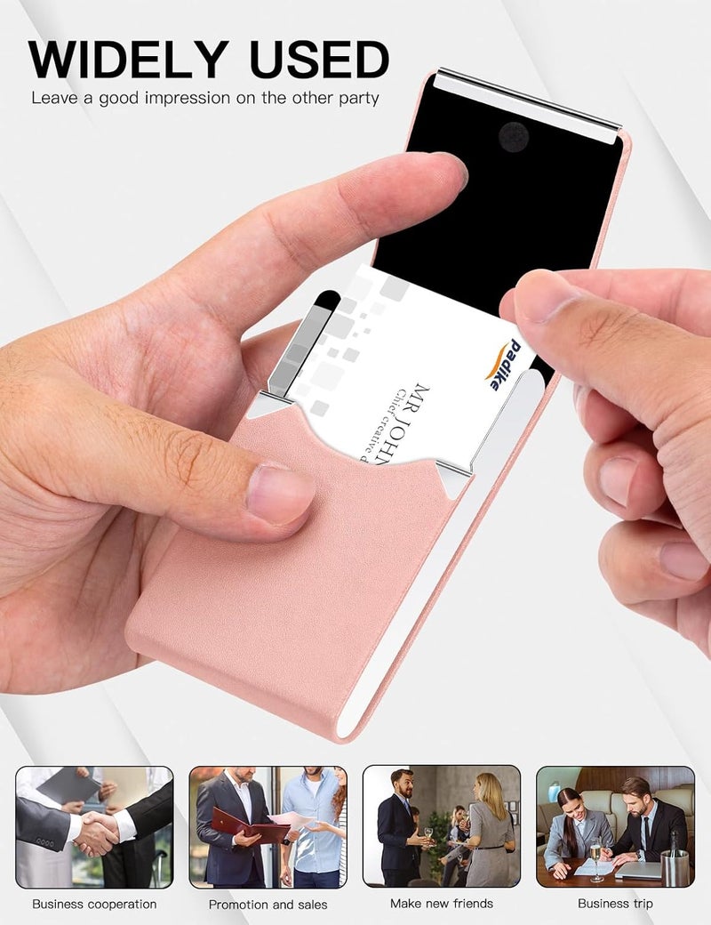 Padike Professional Business Card Holder PU Leather Business Card Case Name Card Holder Slim Metal Pocket Card Holder with Magnetic Shut (Y-Pink) - Image 5