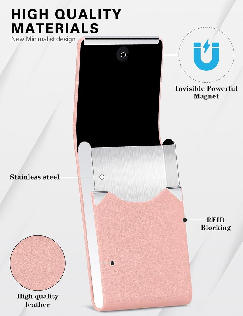 Padike Professional Business Card Holder PU Leather Business Card Case Name Card Holder Slim Metal Pocket Card Holder with Magnetic Shut (Y-Pink) - Image 2