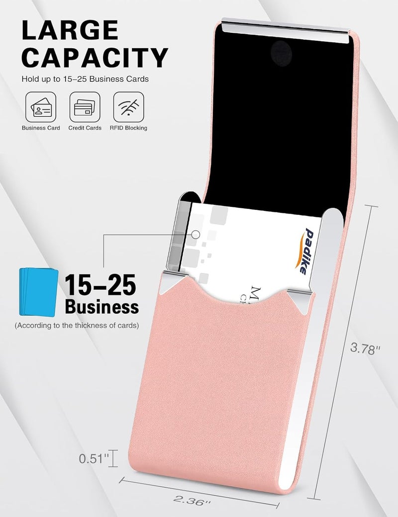 Padike Professional Business Card Holder PU Leather Business Card Case Name Card Holder Slim Metal Pocket Card Holder with Magnetic Shut (Y-Pink) - Image 4