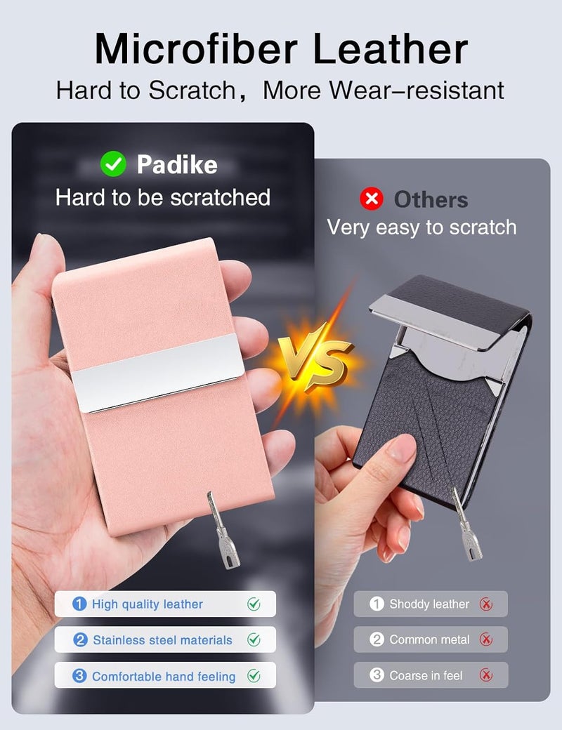 Padike Professional Business Card Holder PU Leather Business Card Case Name Card Holder Slim Metal Pocket Card Holder with Magnetic Shut (Y-Pink) - Image 3