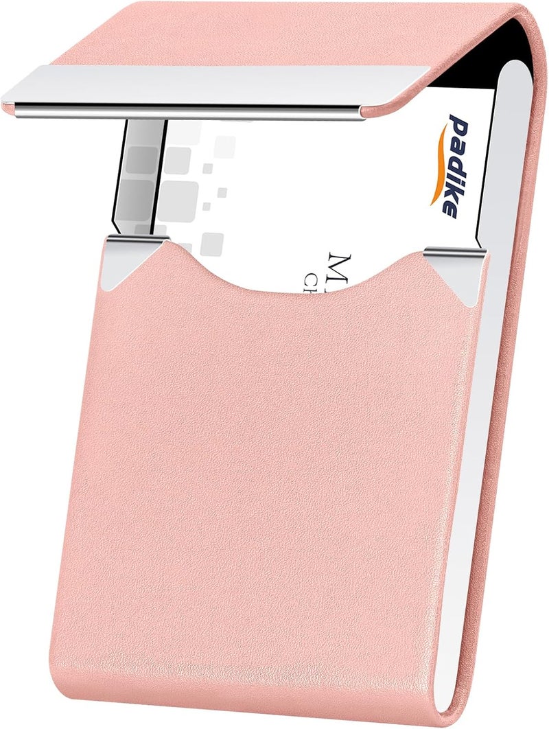 Padike Professional Business Card Holder PU Leather Business Card Case Name Card Holder Slim Metal Pocket Card Holder with Magnetic Shut (Y-Pink) - Image 1