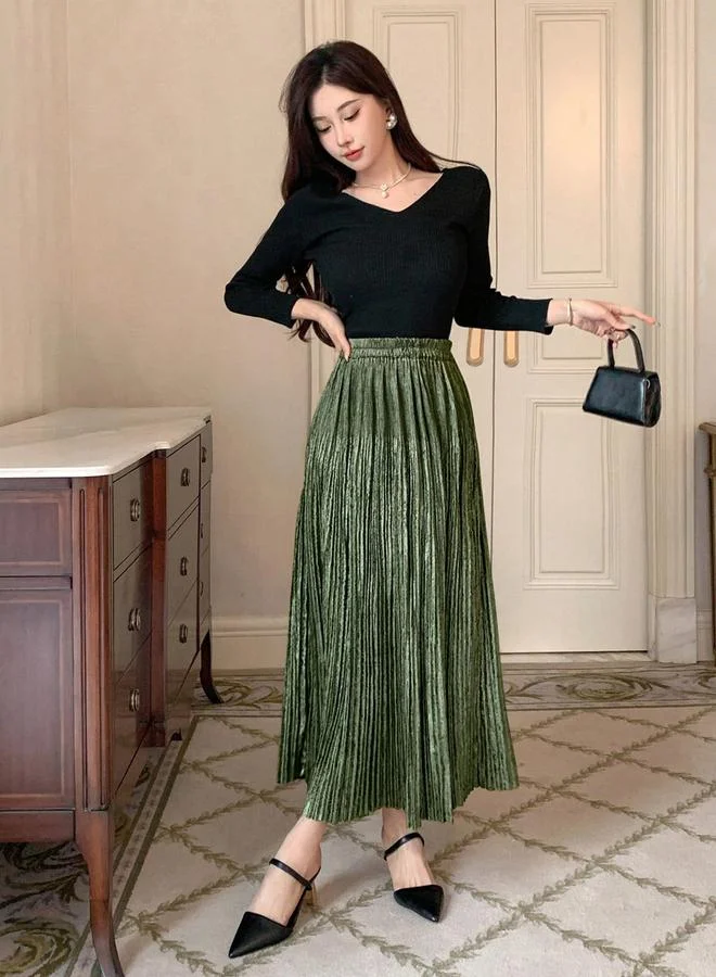 Take Two Take Two Solid Elastic Waist Pleated Detail A-Line Maxi Skirt