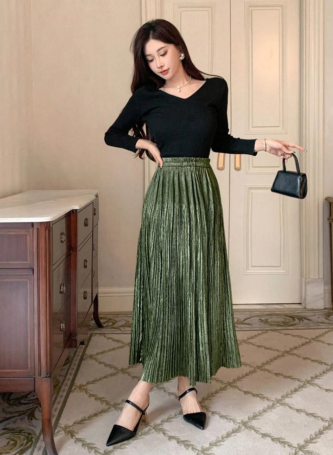 Take Two Solid Elastic Waist Pleated Detail A-Line Maxi Skirt - Image 3