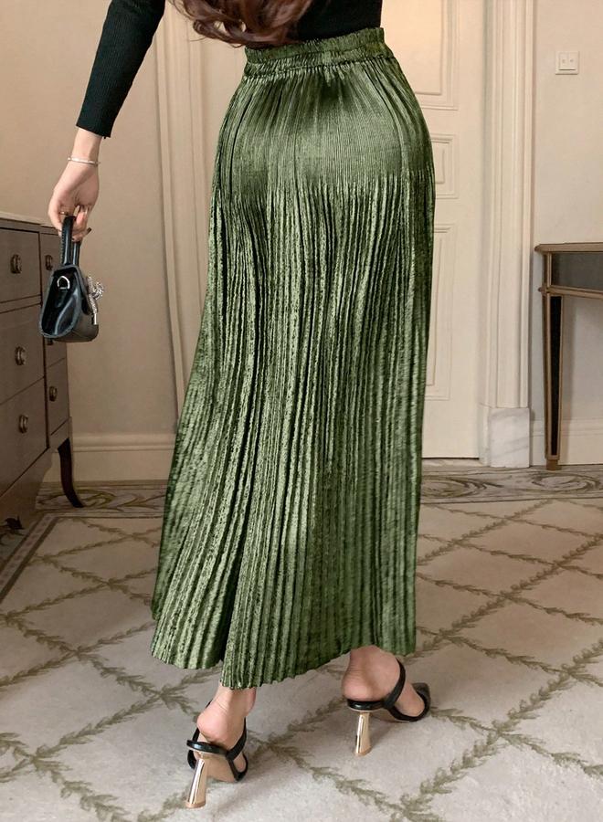 Take Two Solid Elastic Waist Pleated Detail A-Line Maxi Skirt - Image 2