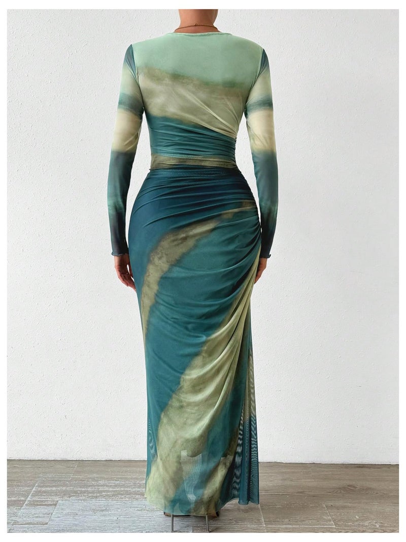 BEAUDRM Women's Fall Wedding Guest Dress Long Sleeve Cocktail Date Night Sexy Y2K Bodycon Ruched Mesh Formal Maxi Dresses Green Small - Image 5